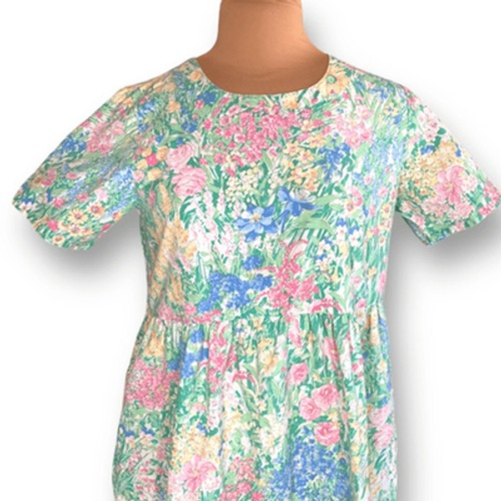 90s Vermont Country Store Pastel Floral Midi Dress Babydoll Waist Garden Party - Picture 6 of 12
